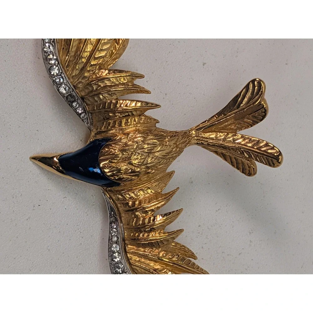 Bird Brooch Gold Tone Blue Enamel Clear Stone Wings Animal Statement Pin